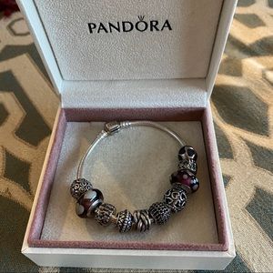 Pandora 7.5” Silver Bracelet w Purple/Black Charms